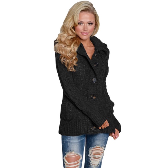 Cozy Knit Hooded Cardigan Coat with Pockets Black - Picture 3 of 4